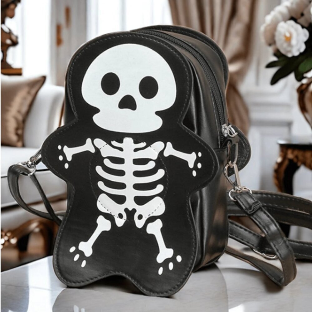 Skeleton Crossbody Bag Black White PU Leather NWT